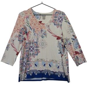 Chico's V-Neck Top Womens Size 1 M Multicolor Excellent 3/4 Sleeve Floral Boho